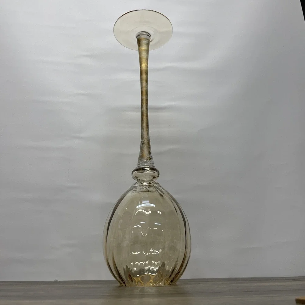 Tall Amber Optic Glass Pedestal Candle Holder Gold Speckled Stem 20 Inch